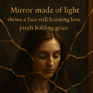 A cracked mirror repaired with gold kintsugi lines reflecting a serene woman’s face
